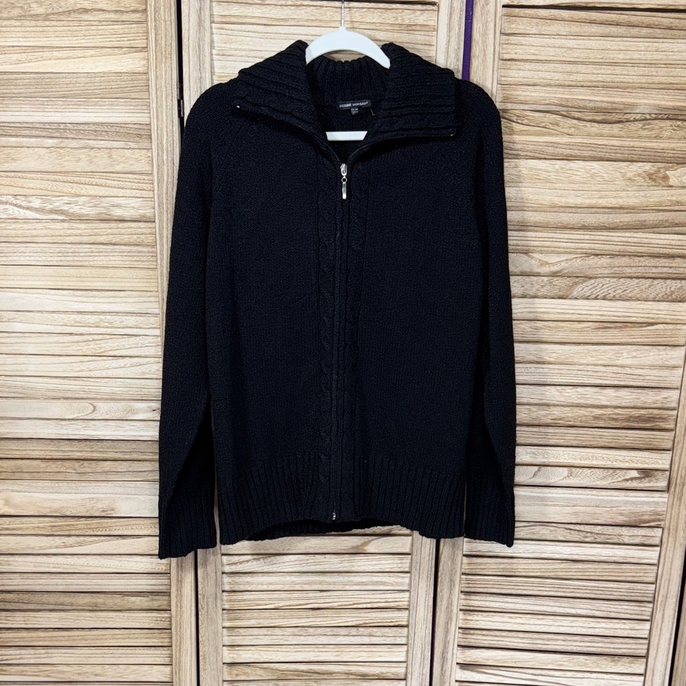 Debbie Morgan Cardigan Textured Black Knit Front Zipper Collar Size XL